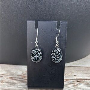 Elegant Silver and Black Swirl Dichroic Glass Earrings
